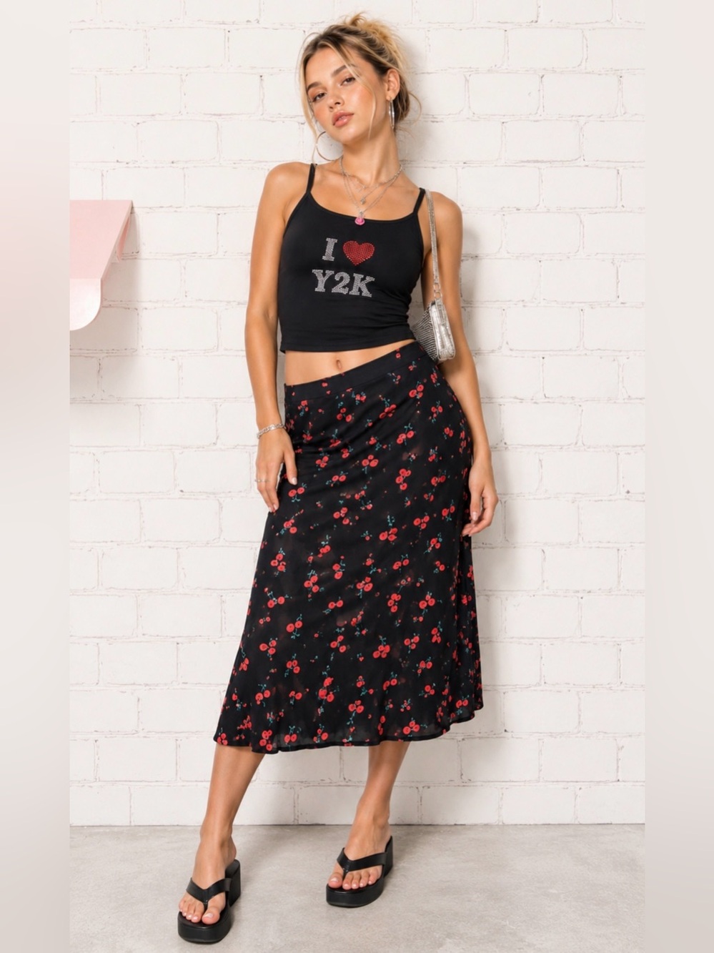 HVN Y2K MIDI CHERRY PRINT SILK SKIRT SIZE 0 BLACK RED NOVELTY GRUNGE FLIRTY